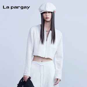 Lapargay long-sleeved cardigan jacket 2026 spring new women's white personality casual short knitted top - Lapargay