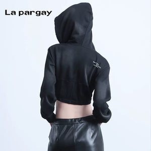 Lapargay long-sleeved hooded short jacket 2026 spring new women's black personality casual design top - Lapargay