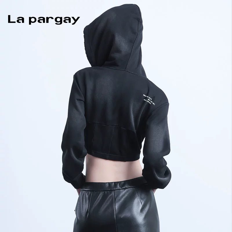 Lapargay long-sleeved hooded short jacket 2026 spring new women's black personality casual design top - Lapargay