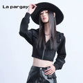 Lapargay long-sleeved hooded short jacket 2026 spring new women's black personality casual design top - Lapargay