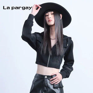 Lapargay long-sleeved hooded short jacket 2026 spring new women's black personality casual design top - Lapargay