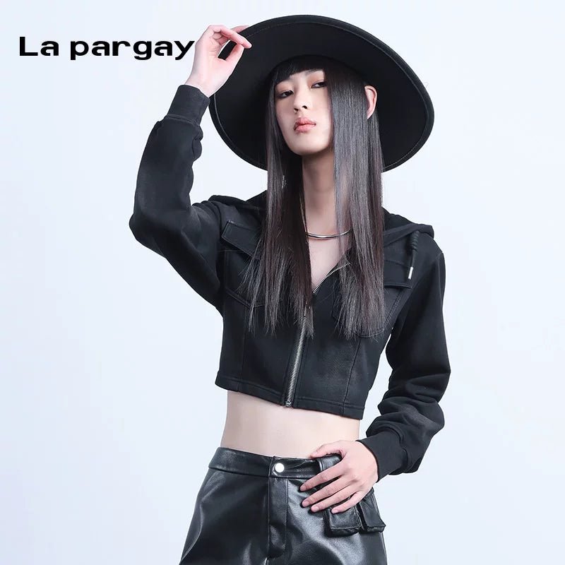 Lapargay long-sleeved hooded short jacket 2026 spring new women's black personality casual design top - Lapargay