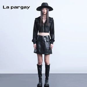 Lapargay long-sleeved hooded short jacket 2026 spring new women's black personality casual design top - Lapargay