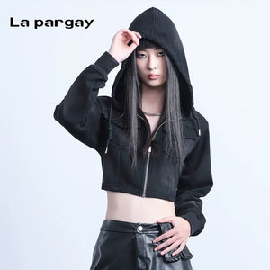 Lapargay long-sleeved hooded short jacket 2026 spring new women's black personality casual design top - Lapargay