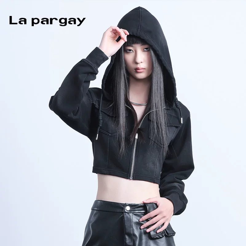 Lapargay long-sleeved hooded short jacket 2026 spring new women's black personality casual design top - Lapargay