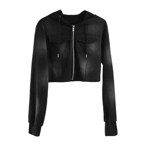Lapargay long-sleeved hooded short jacket 2026 spring new women's black personality casual design top - Lapargay