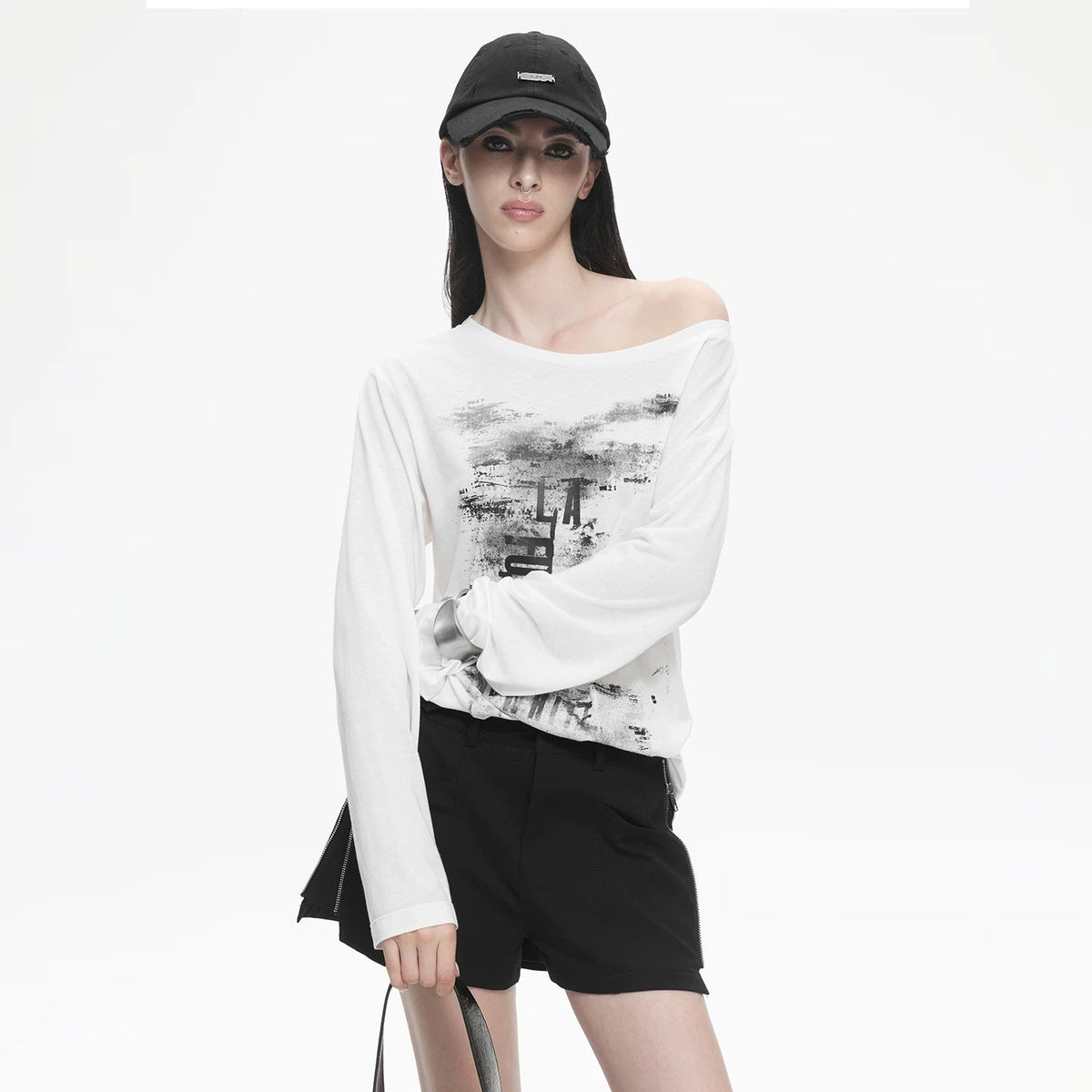 Lapargay loose drop-shoulder top, off-shoulder, ink wash print, casual and lazy L78200301V - Lapargay
