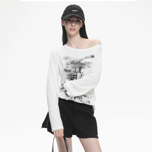 Lapargay loose drop-shoulder top, off-shoulder, ink wash print, casual and lazy L78200301V - Lapargay