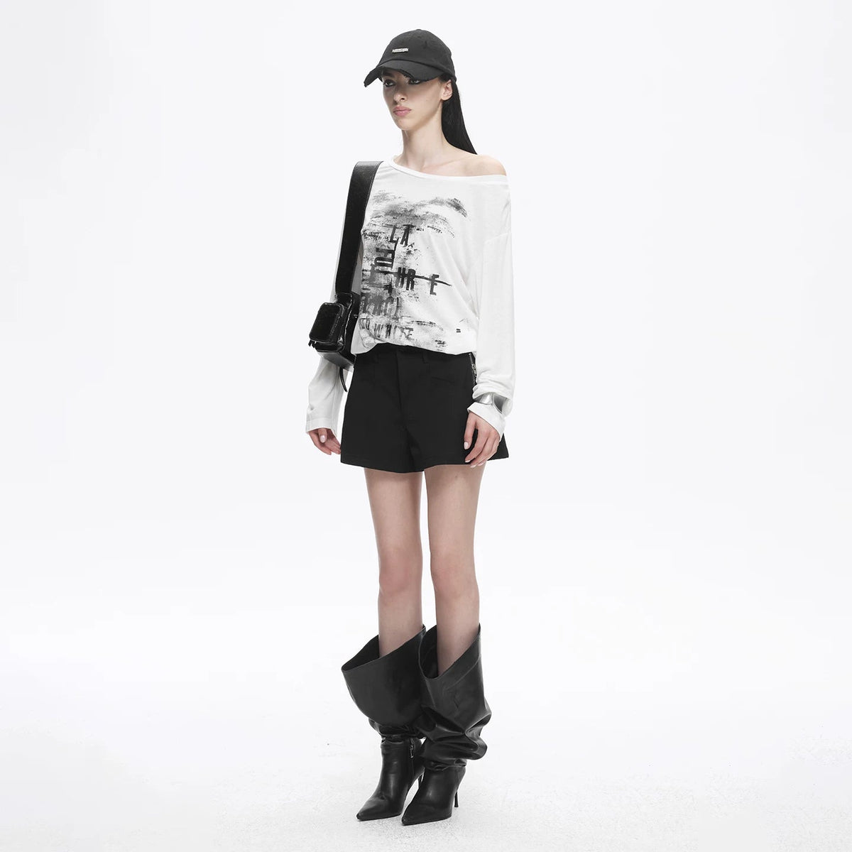 Lapargay loose drop-shoulder top, off-shoulder, ink wash print, casual and lazy L78200301V - Lapargay
