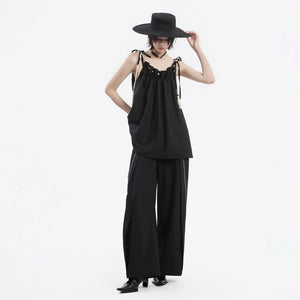 Lapargay Loose Sleeveless Camisole Top Adjustable Straps Pleated Design L78200103V - Lapargay
