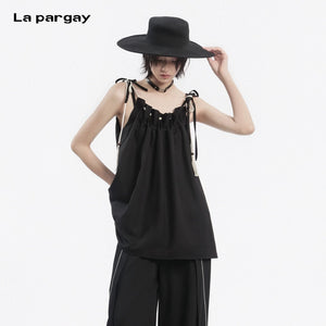 Lapargay Loose Sleeveless Camisole Top Adjustable Straps Pleated Design L78200103V - Lapargay