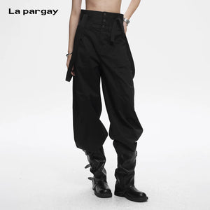 Lapargay Loose Wide Leg Casual Pants High Waist Three-Button Design Double Suspender Decoration L78202608V - Lapargay