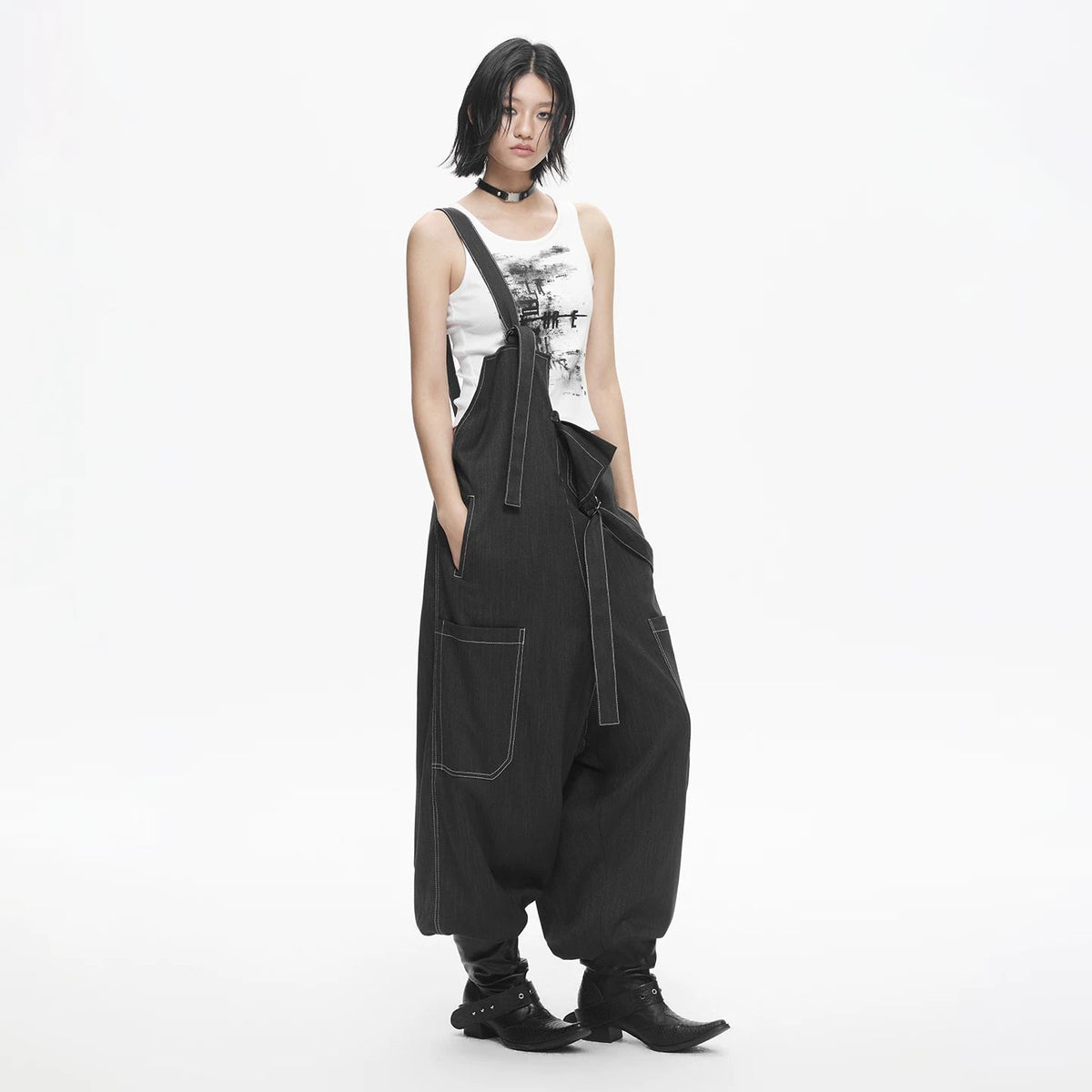 Lapargay Loose Wide Leg Overall Dress Adjustable Straps Dropped Crotch Design Contrast Stitching L78202702V - Lapargay