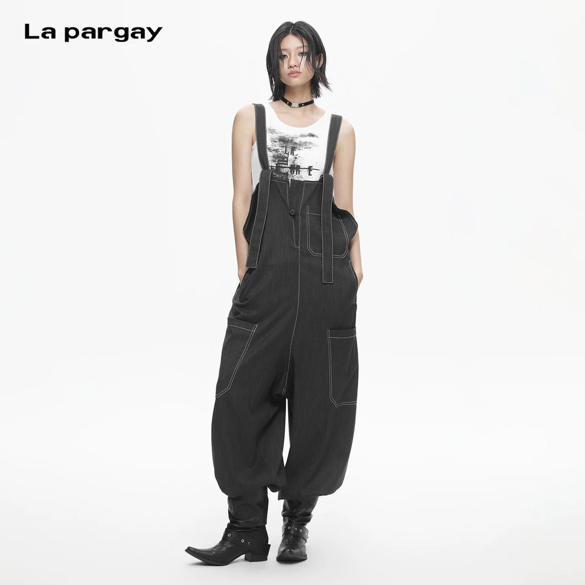 Lapargay Loose Wide Leg Overall Dress Adjustable Straps Dropped Crotch Design Contrast Stitching L78202702V - Lapargay