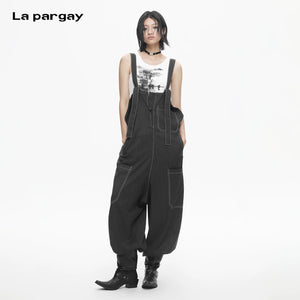 Lapargay Loose Wide Leg Overall Dress Adjustable Straps Dropped Crotch Design Contrast Stitching L78202702V - Lapargay