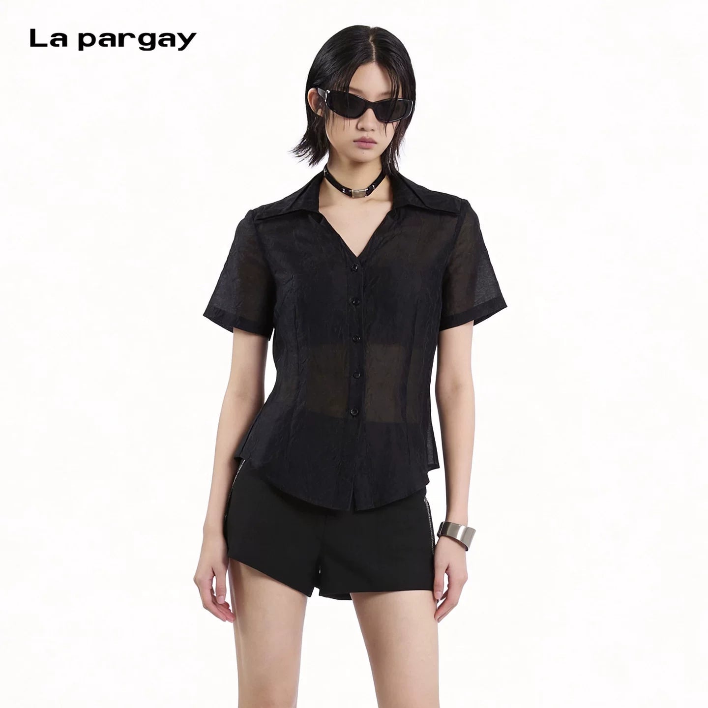 Lapargay Matte Crinkle Short-Sleeve Shirt with Single-Breasted Button Front and Textured Pleats L78201007V - Lapargay
