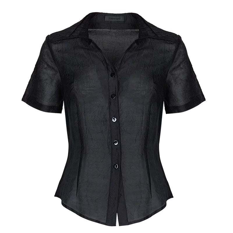 Lapargay Matte Crinkle Short-Sleeve Shirt with Single-Breasted Button Front and Textured Pleats L78201007V - Lapargay