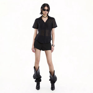 Lapargay Matte Crinkle Short-Sleeve Shirt with Single-Breasted Button Front and Textured Pleats L78201007V - Lapargay