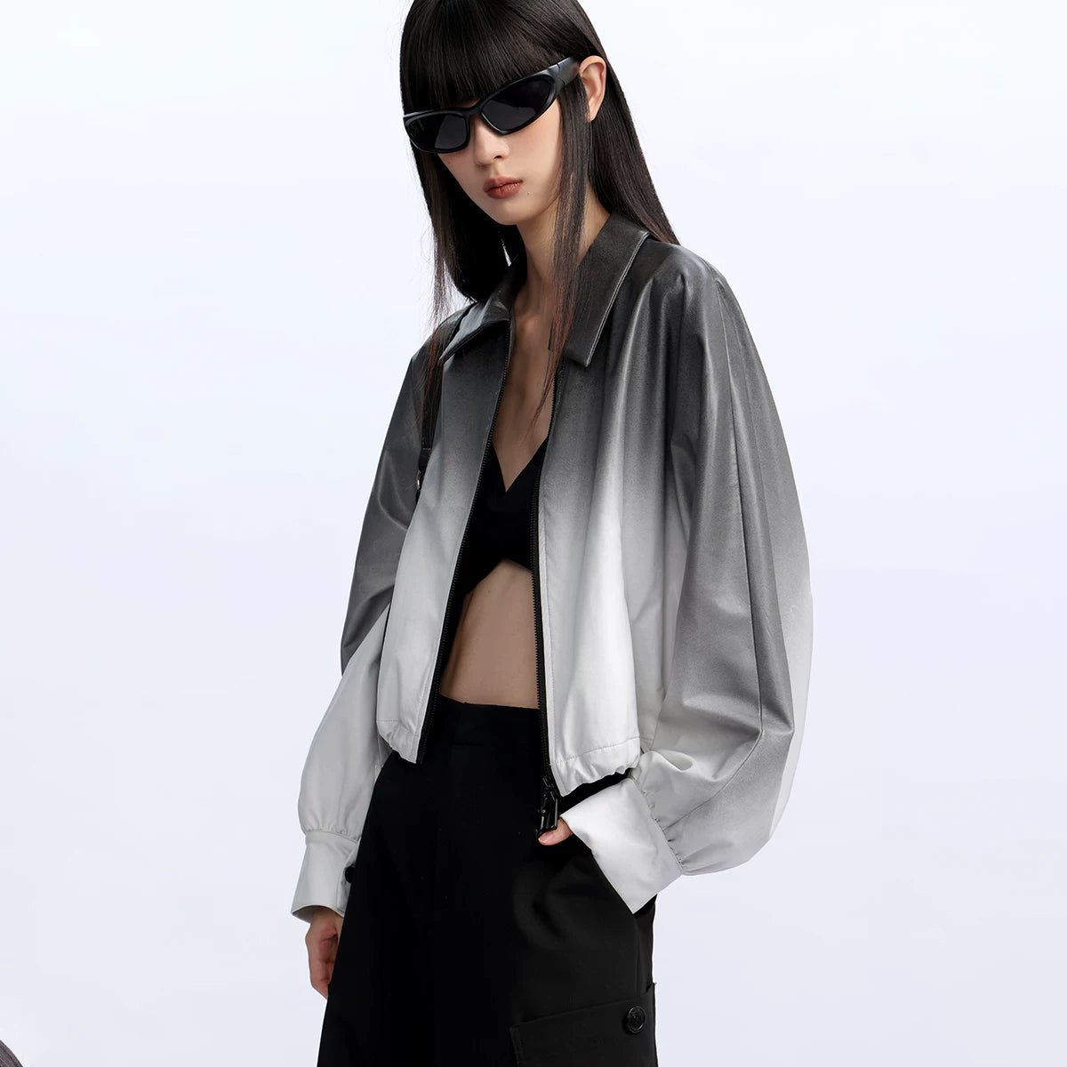 Lapargay Matte Satin Short Jacket with Spread Collar Full Zipper, Relaxed Drop Shoulder Silhouette L78101230V - Lapargay