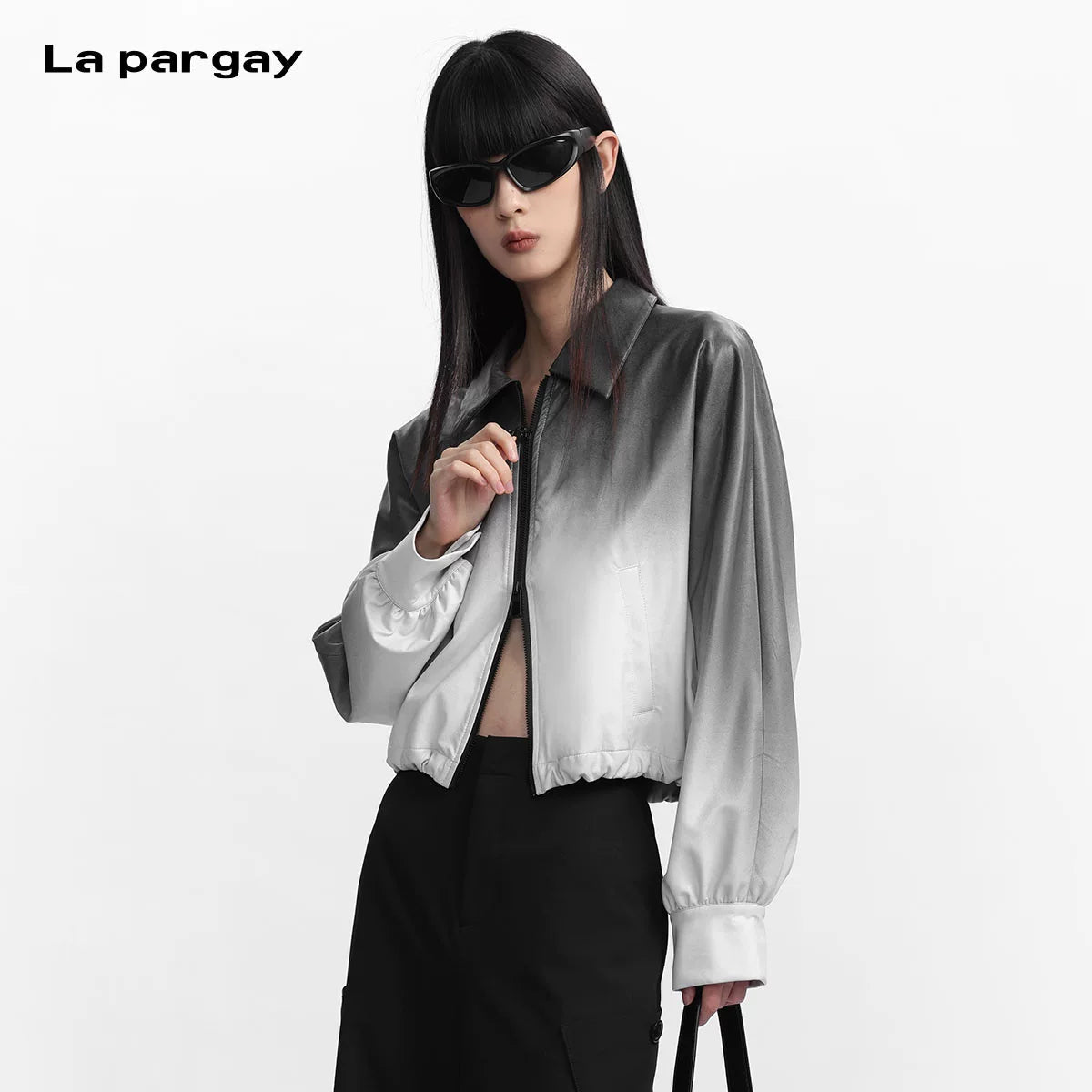 Lapargay Matte Satin Short Jacket with Spread Collar Full Zipper, Relaxed Drop Shoulder Silhouette L78101230V - Lapargay
