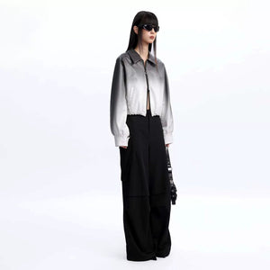 Lapargay Matte Satin Short Jacket with Spread Collar Full Zipper, Relaxed Drop Shoulder Silhouette L78101230V - Lapargay