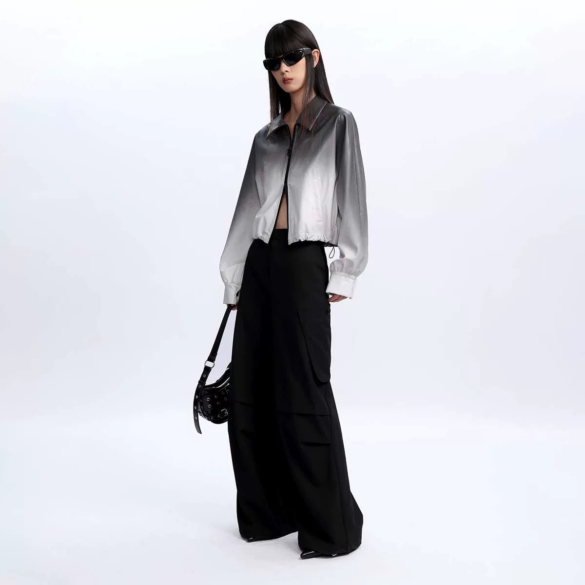 Lapargay Matte Satin Short Jacket with Spread Collar Full Zipper, Relaxed Drop Shoulder Silhouette L78101230V - Lapargay