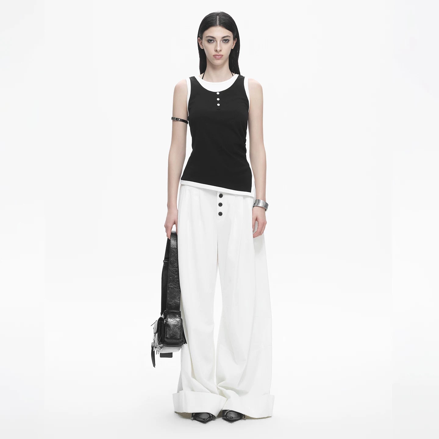 Lapargay Mid-High Waist Wide Leg Pants Contrast Buttons Casual High Street L78102640V - Lapargay