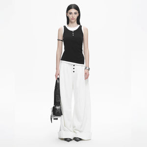 Lapargay Mid-High Waist Wide Leg Pants Contrast Buttons Casual High Street L78102640V - Lapargay
