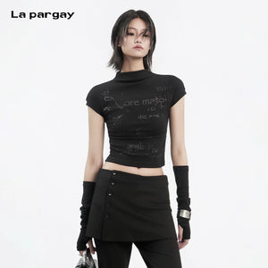 Lapargay mock neck slim fit T-shirt niche distressed design detachable sleeve top L78200224V - Lapargay