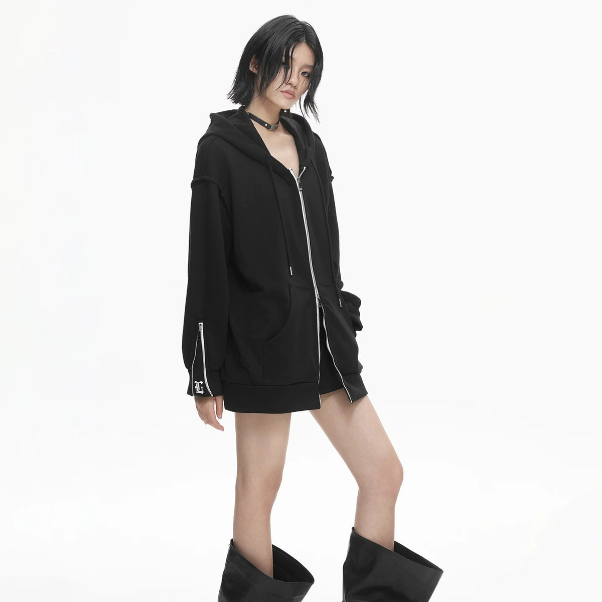 Lapargay Multi-Zip Hooded Short Jacket with Loose Drop Shoulder, Cool Dark Style L78101307V - Lapargay