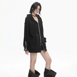 Lapargay Multi-Zip Hooded Short Jacket with Loose Drop Shoulder, Cool Dark Style L78101307V - Lapargay