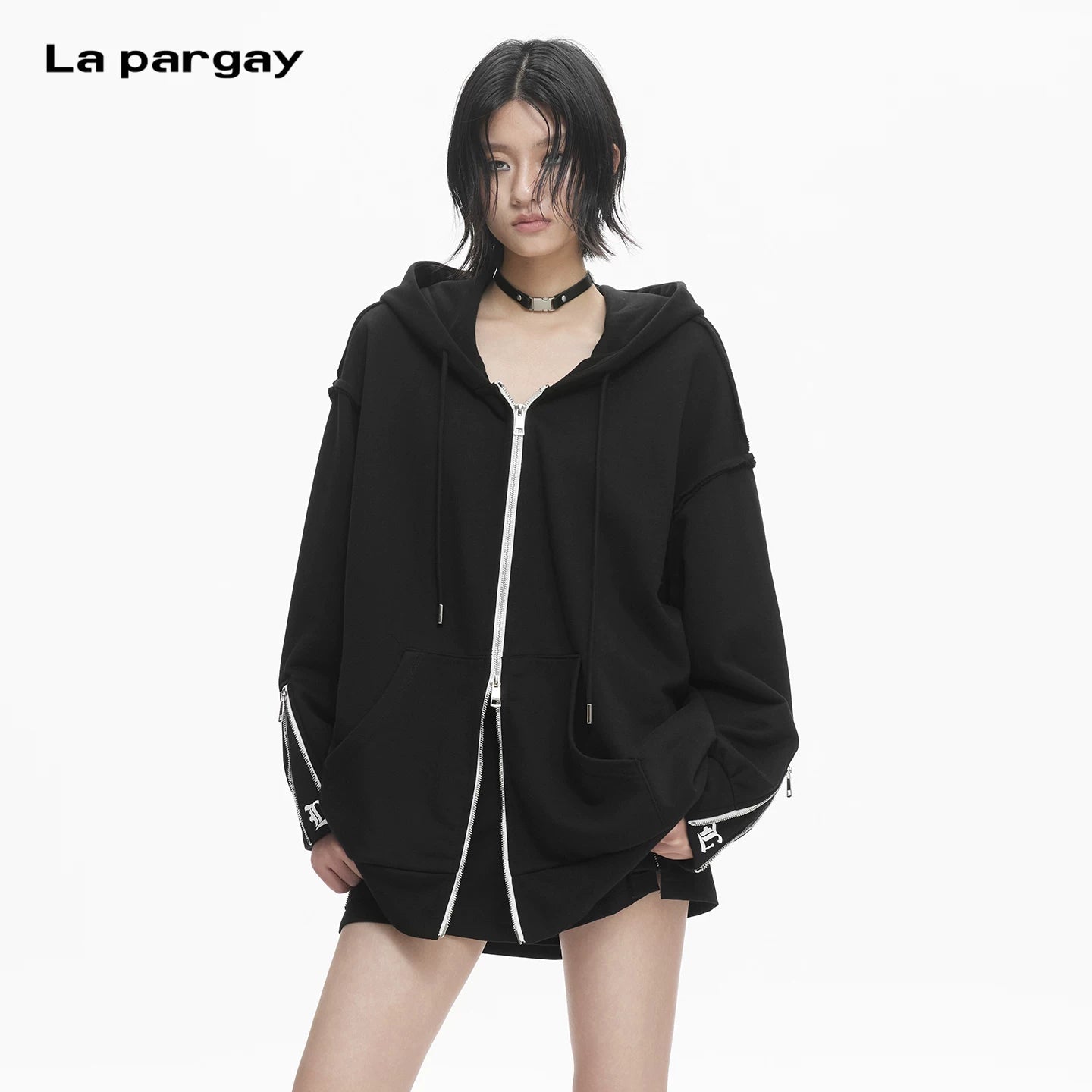 Lapargay Multi-Zip Hooded Short Jacket with Loose Drop Shoulder, Cool Dark Style L78101307V - Lapargay
