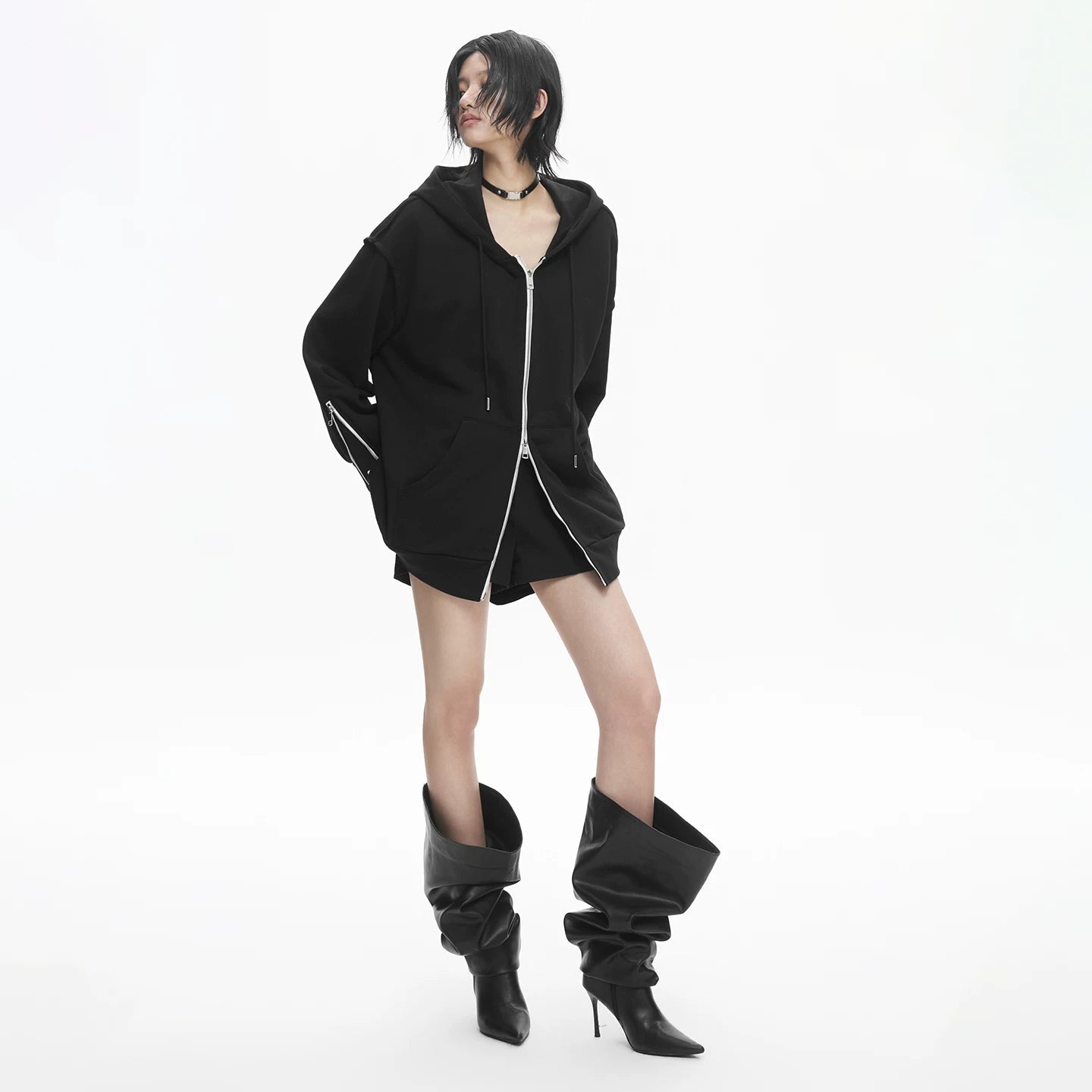 Lapargay Multi-Zip Hooded Short Jacket with Loose Drop Shoulder, Cool Dark Style L78101307V - Lapargay