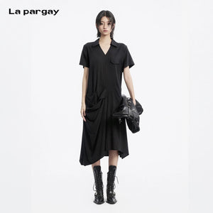 Lapargay Notch Lapel V-Neck Short Sleeve Dress, Side 3D Pleats, Relaxed Silhouette L78209005V - Lapargay