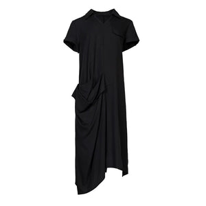 Lapargay Notch Lapel V-Neck Short Sleeve Dress, Side 3D Pleats, Relaxed Silhouette L78209005V - Lapargay