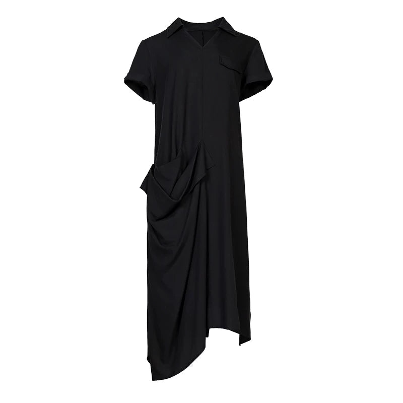 Lapargay Notch Lapel V-Neck Short Sleeve Dress, Side 3D Pleats, Relaxed Silhouette L78209005V - Lapargay