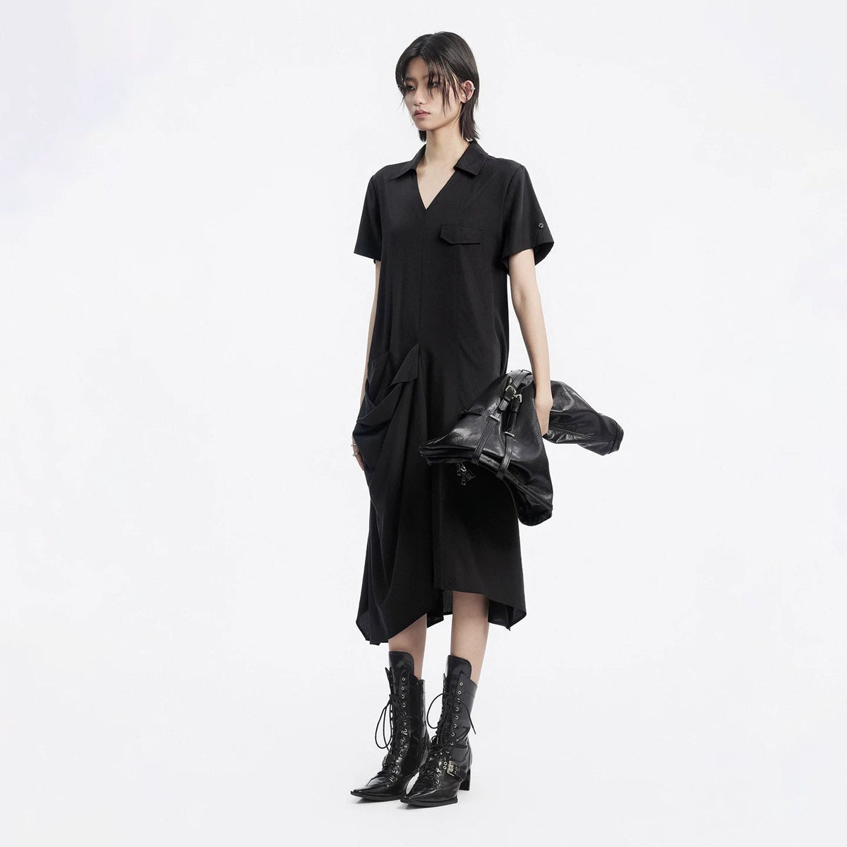 Lapargay Notch Lapel V-Neck Short Sleeve Dress, Side 3D Pleats, Relaxed Silhouette L78209005V - Lapargay