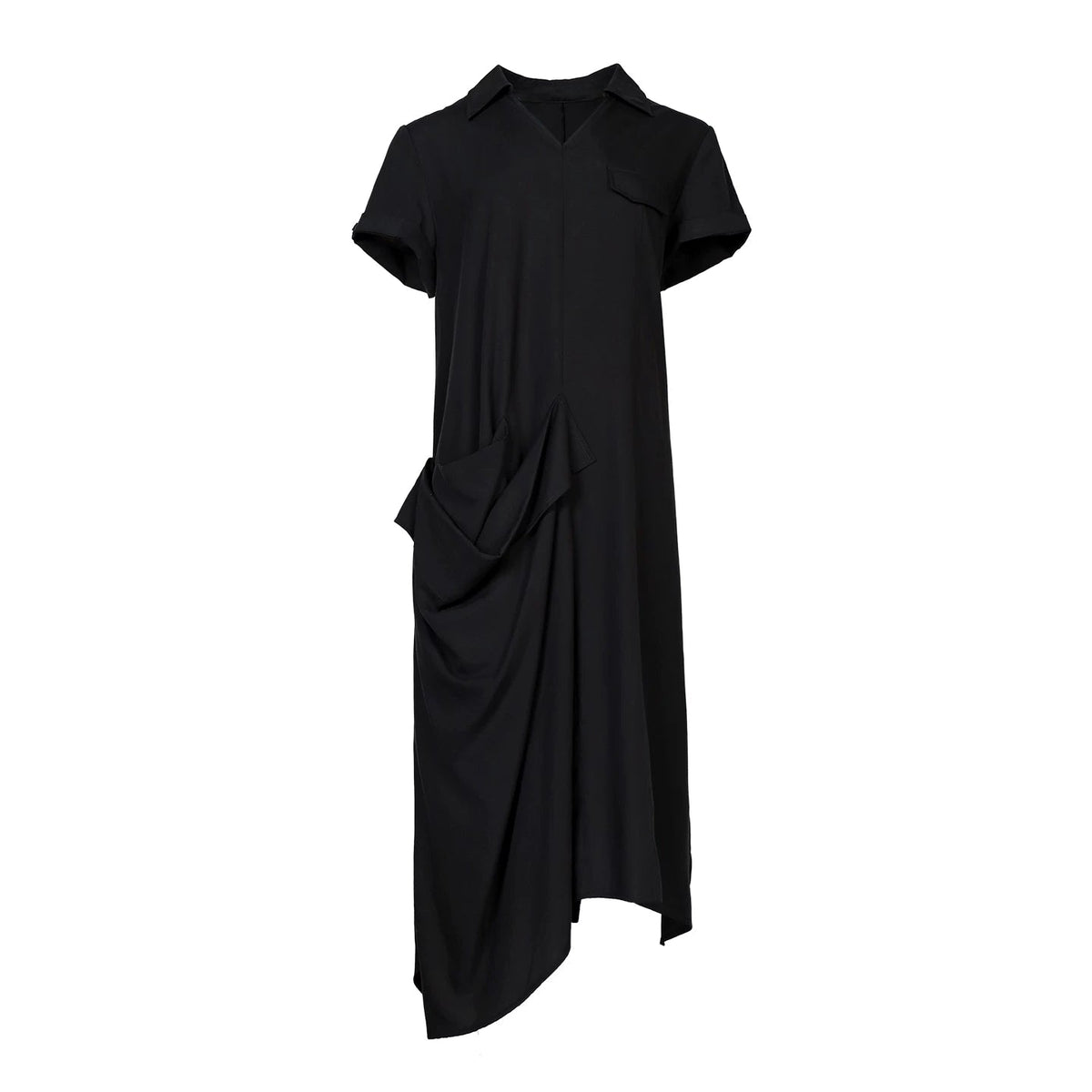 Lapargay Notch Lapel V-Neck Short Sleeve Dress, Side 3D Pleats, Relaxed Silhouette L78209005V - Lapargay