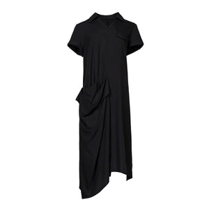 Lapargay Notch Lapel V-Neck Short Sleeve Dress, Side 3D Pleats, Relaxed Silhouette L78209005V - Lapargay