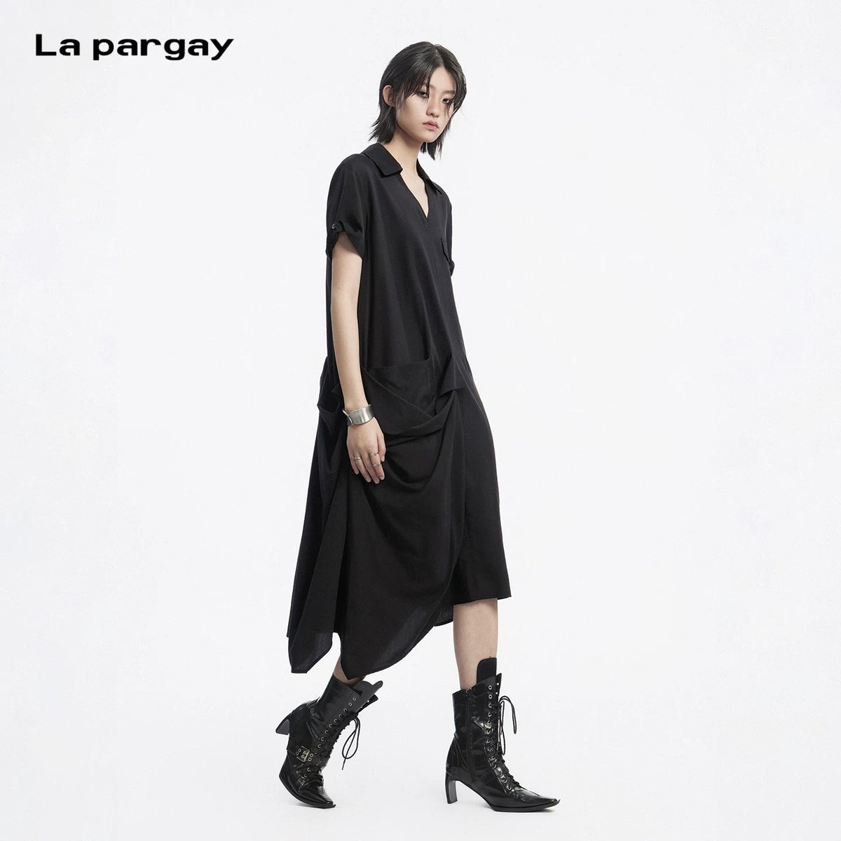 Lapargay Notch Lapel V-Neck Short Sleeve Dress, Side 3D Pleats, Relaxed Silhouette L78209005V - Lapargay