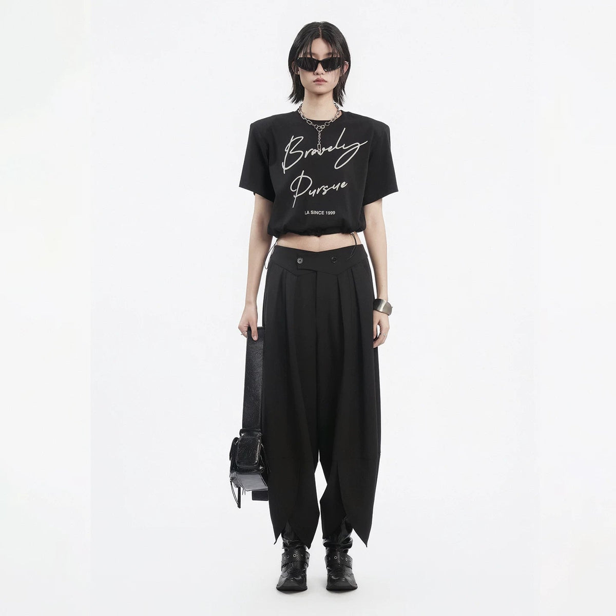 Lapargay Padded Shoulder Cropped T-shirt Adjustable Drawstring Optimizes Body Proportion L78200227C - Lapargay