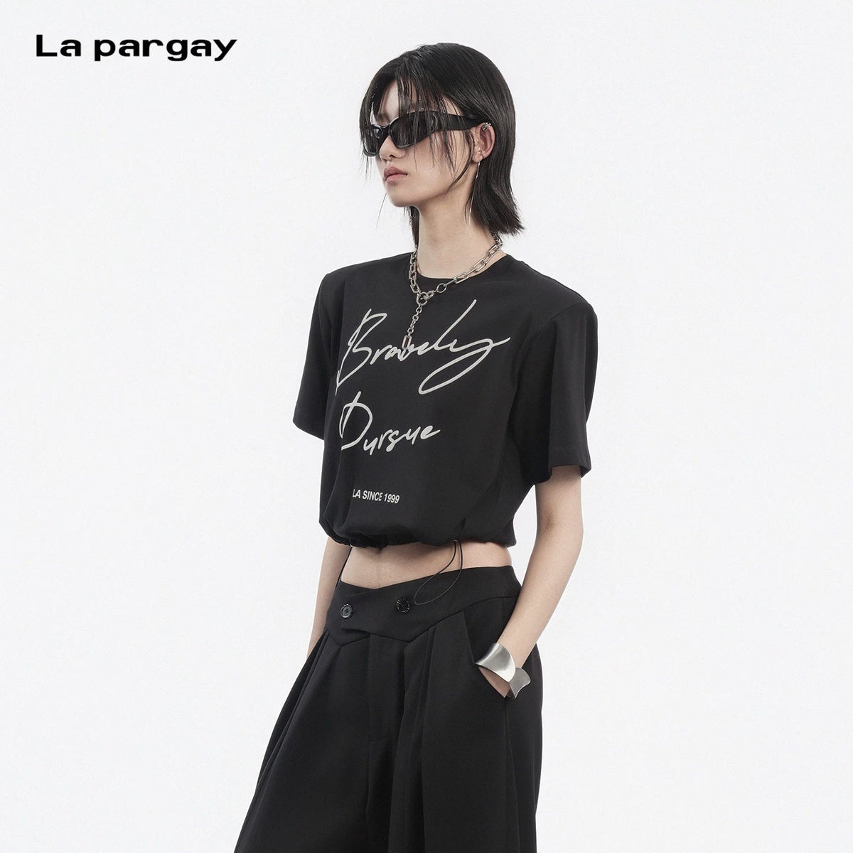 Lapargay Padded Shoulder Cropped T-shirt Adjustable Drawstring Optimizes Body Proportion L78200227C - Lapargay