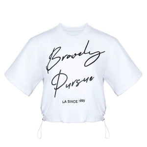 Lapargay Padded Shoulder Cropped T-shirt Adjustable Drawstring Optimizes Body Proportion L78200227C - Lapargay