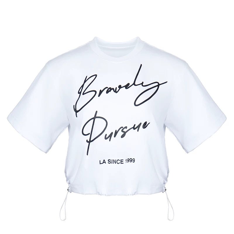 Lapargay Padded Shoulder Cropped T-shirt Adjustable Drawstring Optimizes Body Proportion L78200227C - Lapargay