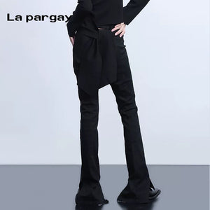 Lapargay Personality Design Hem Split Flare Pants 2026 Spring New Women's Black Casual Niche Pants - Lapargay