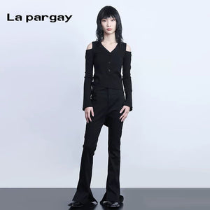 Lapargay Personality Design Hem Split Flare Pants 2026 Spring New Women's Black Casual Niche Pants - Lapargay