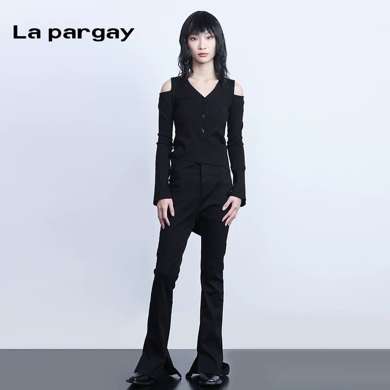 Lapargay Personality Design Hem Split Flare Pants 2026 Spring New Women's Black Casual Niche Pants - Lapargay