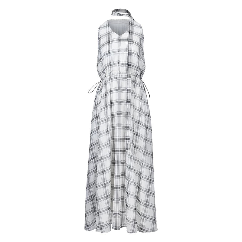 Lapargay plaid halter neck dress waist-cinching full skirt retro sleeveless dress L78209013C - Lapargay