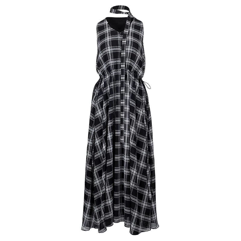 Lapargay plaid halter neck dress waist-cinching full skirt retro sleeveless dress L78209013C - Lapargay