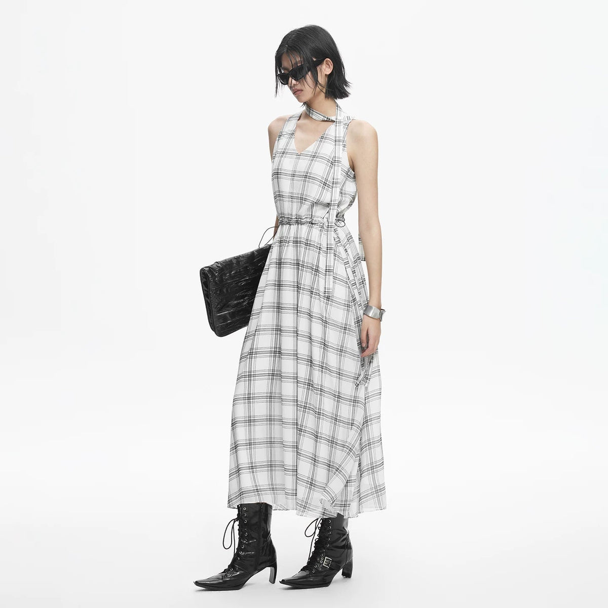 Lapargay plaid halter neck dress waist-cinching full skirt retro sleeveless dress L78209013C - Lapargay